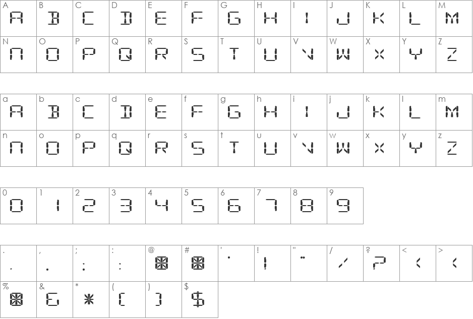 Digital Readout ExpUpright font character map preview
