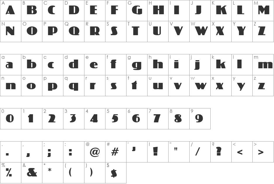 Dimension font character map preview