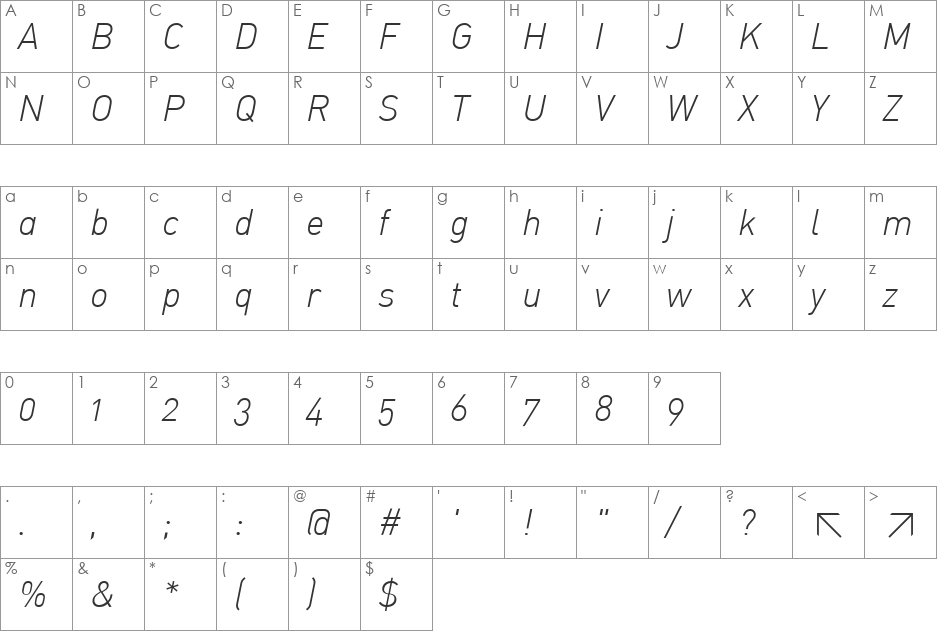 DIN-LightItalicAlt font character map preview