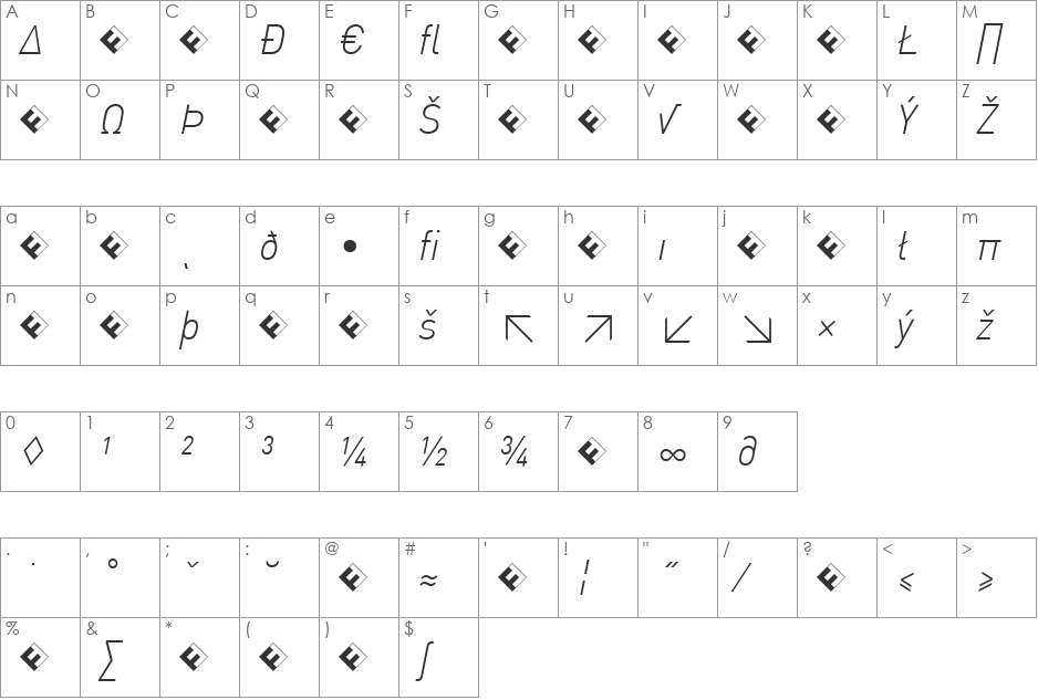 DIN-LightItalicExp font character map preview