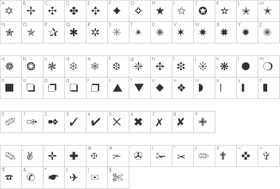 Dingbat font character map preview