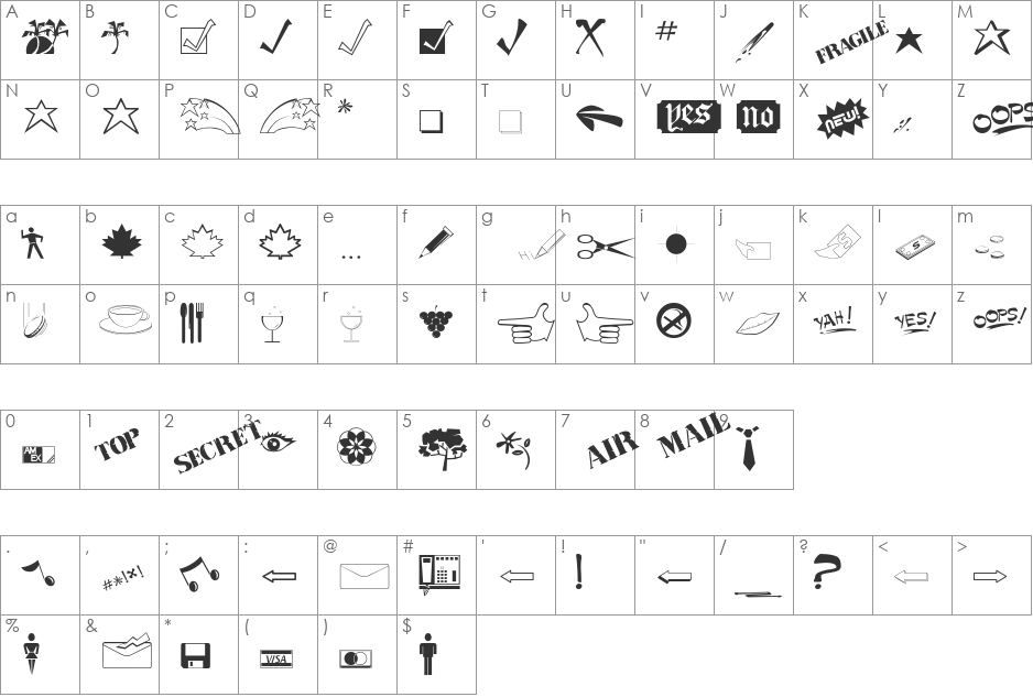 Dingbat3 font character map preview