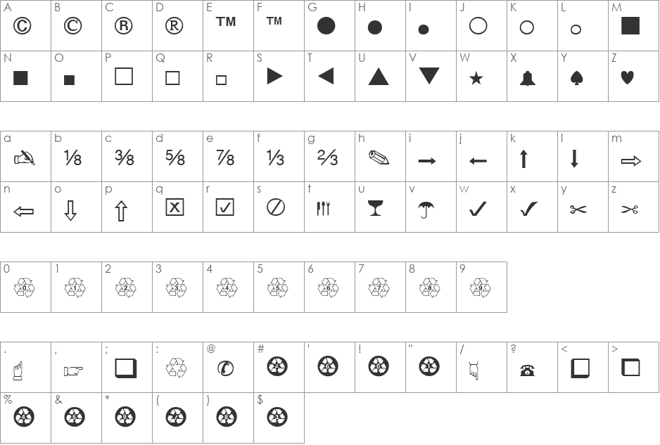 Dingbats font character map preview