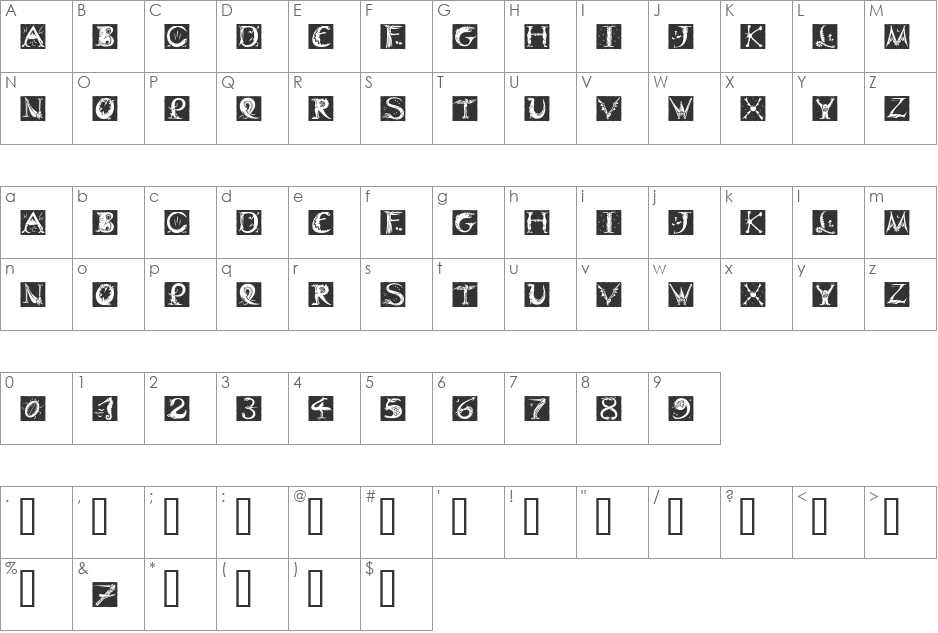 Dinitials Negative ITC TT font character map preview