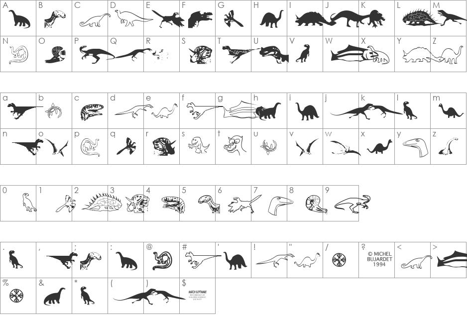 DinosoType font character map preview