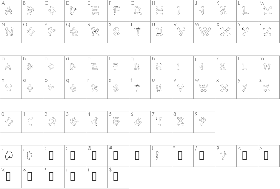AlphaBones font character map preview