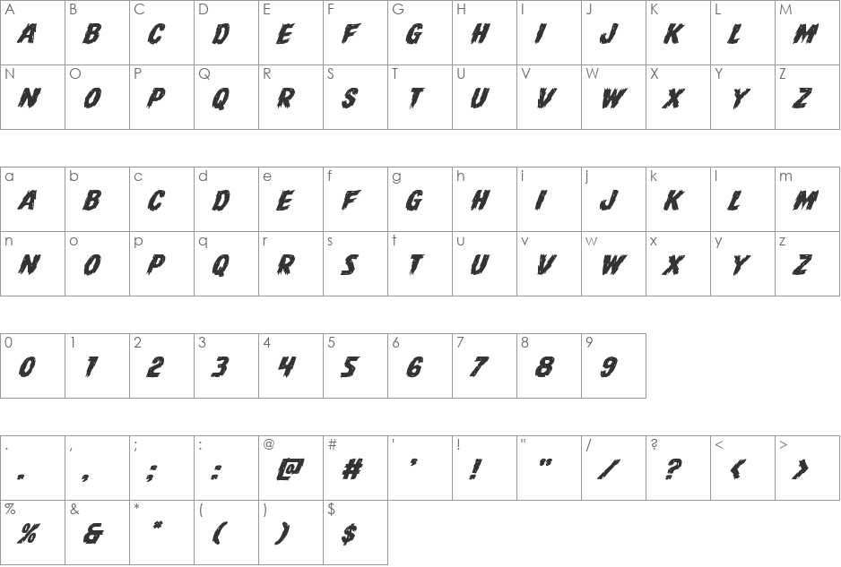 Dire Wolf Expanded Italic font character map preview