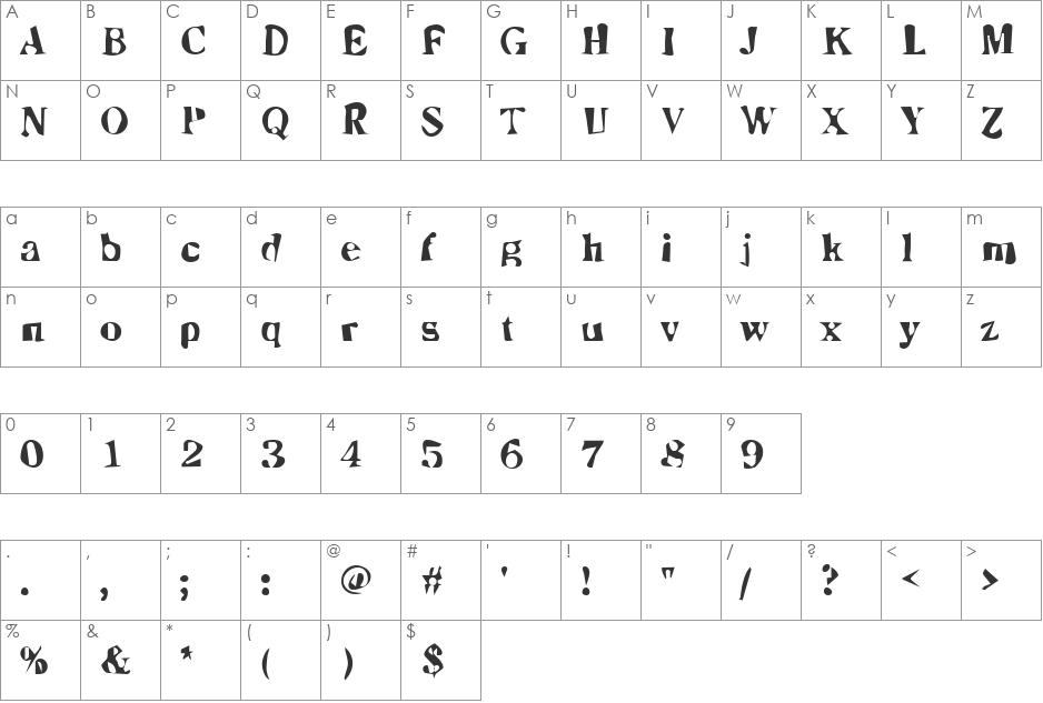 Dirty09 Becker font character map preview