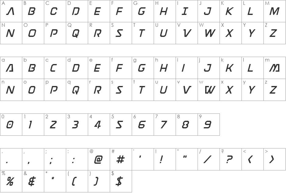 Discotechia Super-Italic font character map preview