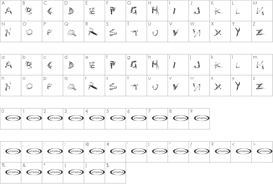 Distortia font character map preview