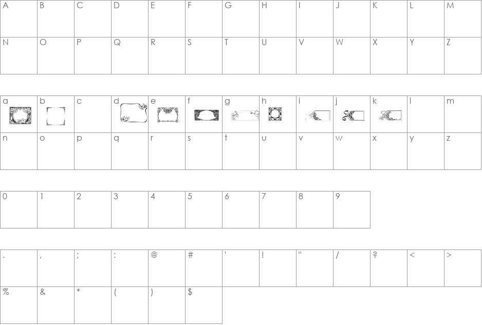 Dizzinz Fancy Frames font character map preview
