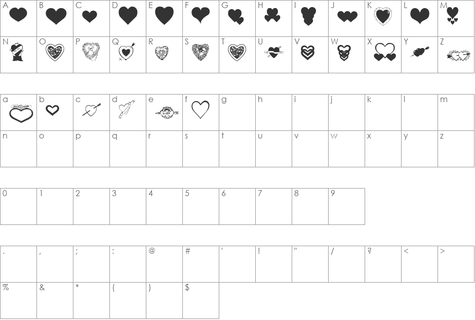 Dizzinz SweetHearts font character map preview