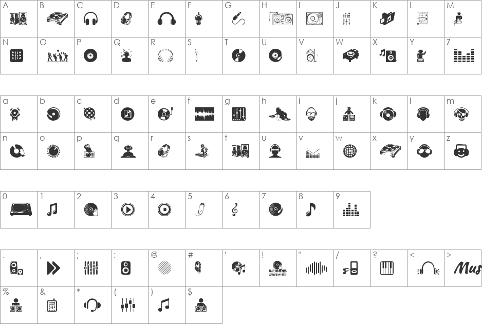 DJ Icons font character map preview