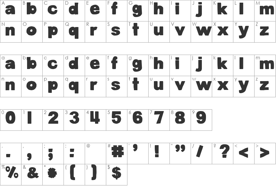 DJB BellyButton-Innie font character map preview