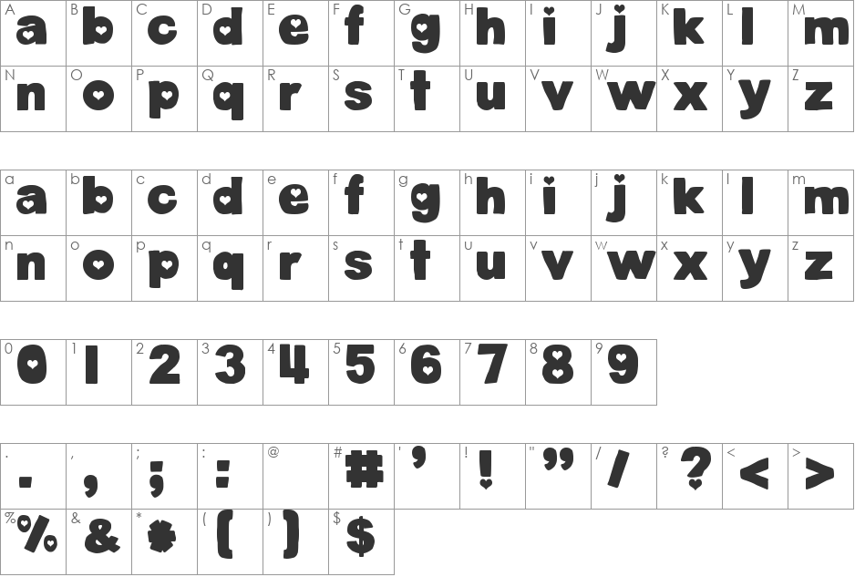 DJB Cutouts-Hearts font character map preview