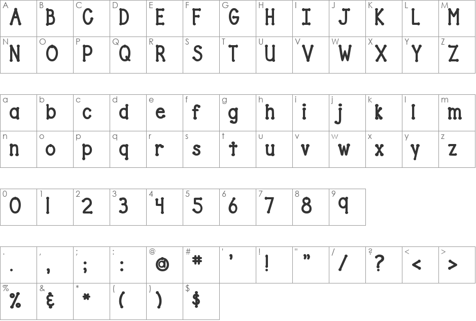DJB Drives Me Dotty font character map preview