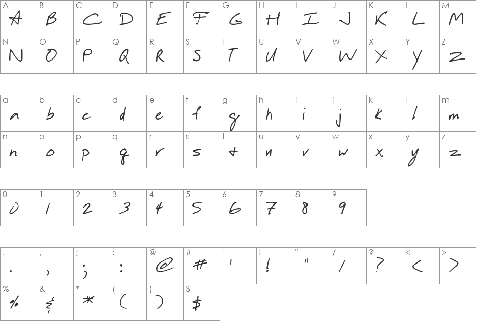 DJB In a Hurry font character map preview