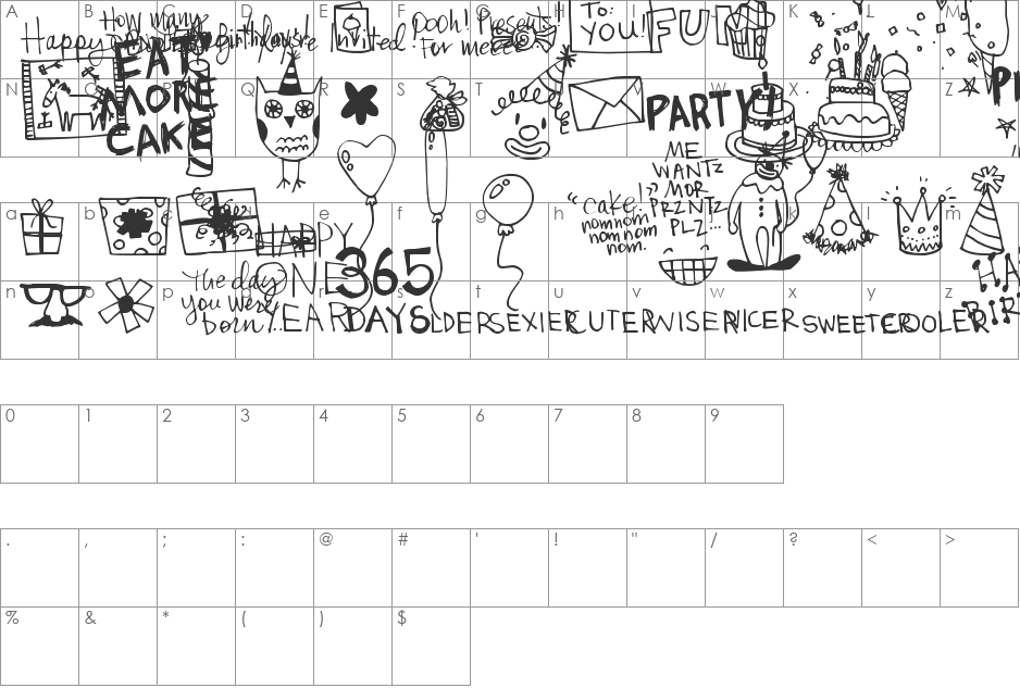 DJB It's My Birthday font character map preview
