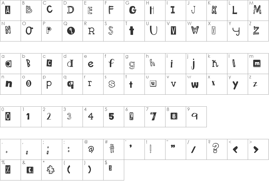 DJB Ransom Note font character map preview