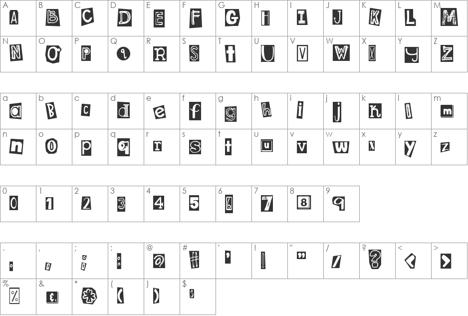 DJB Ransom Note Clipped font character map preview