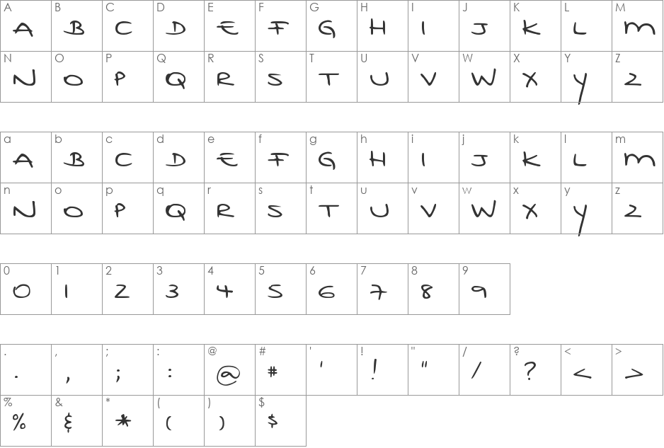 DJB Rubia's Tiny Print font character map preview
