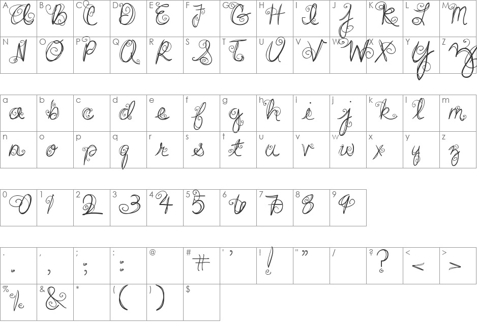 DJB SWIRL ME AROUND font character map preview