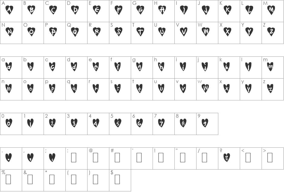 Djellibejbi Hearts font character map preview
