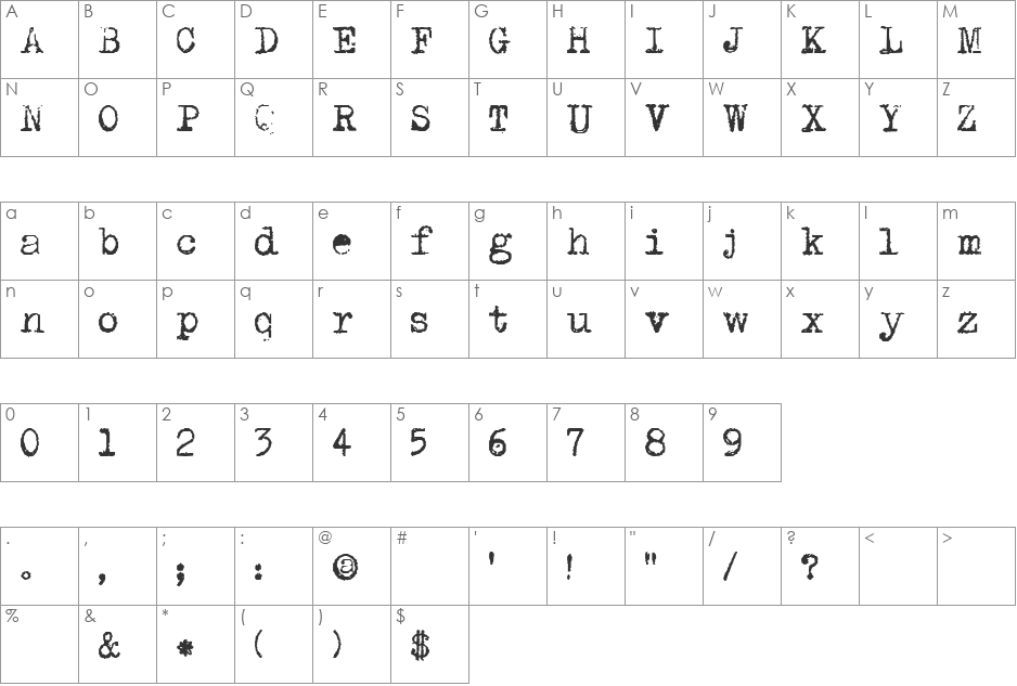 DK P.I. font character map preview