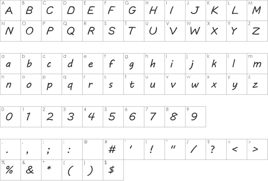 DLE Comic Lowercase font character map preview