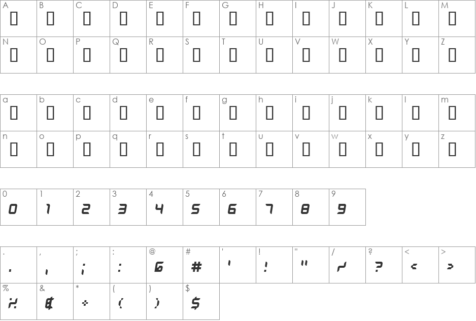 Dlila Oblique font character map preview