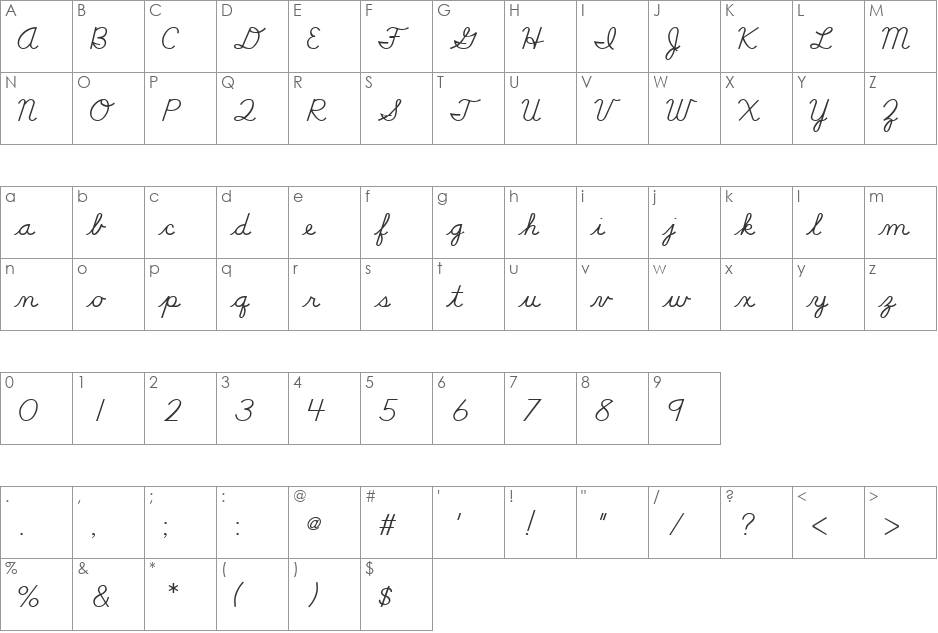 DN Cursive font character map preview