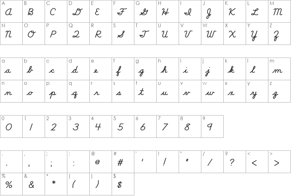 DN Cursive Bold font character map preview