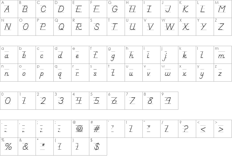 DnealianManuscriptLined font character map preview