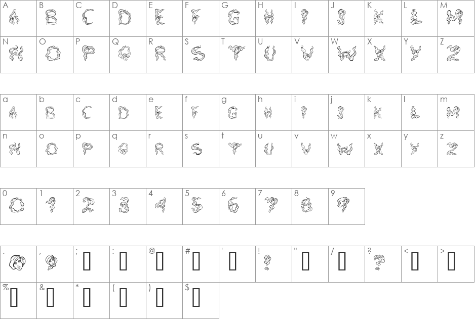 AlphaWomanHair font character map preview