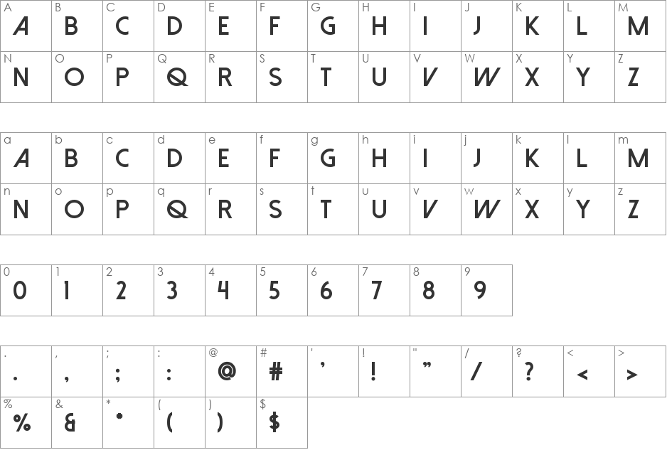 Dolce Vita font character map preview