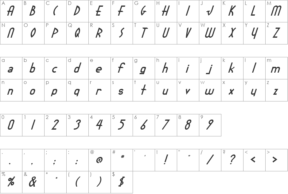 DollarItalic font character map preview
