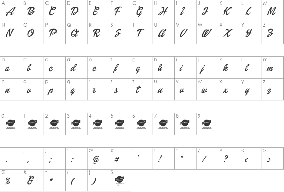 Dollie Script Personal Use font character map preview