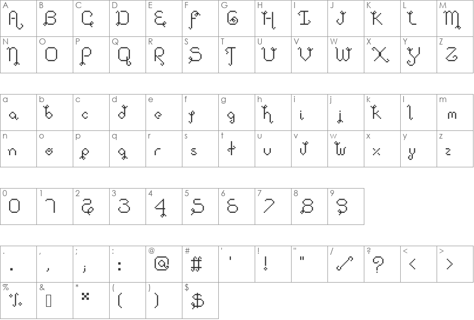 DollPixellowzz font character map preview