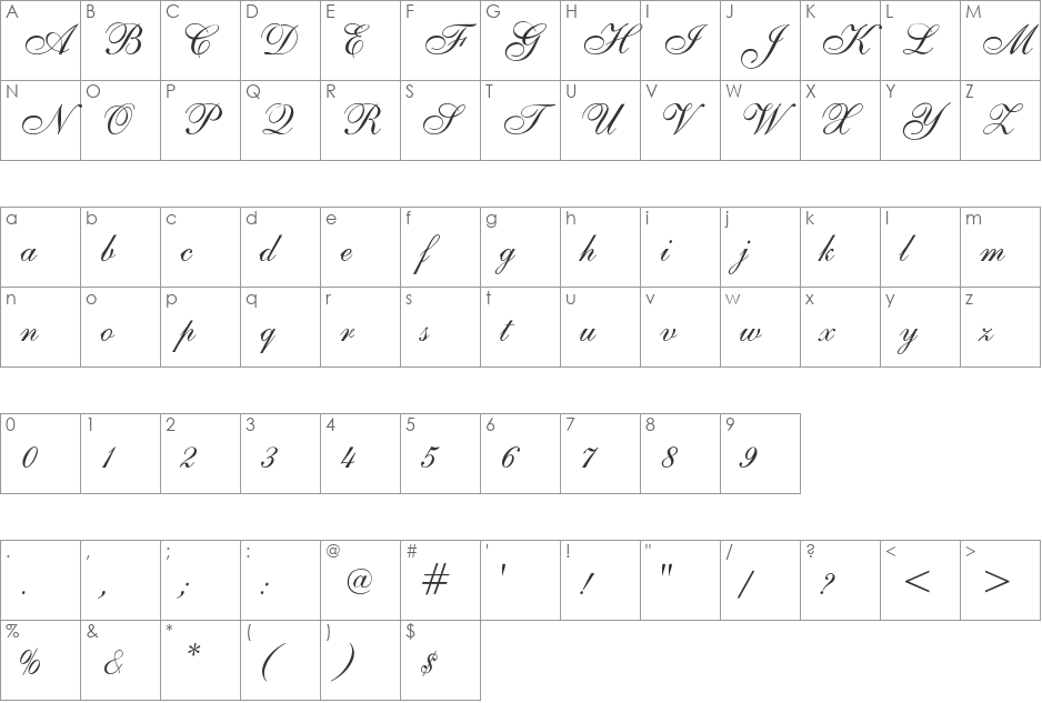 ALS Script font character map preview