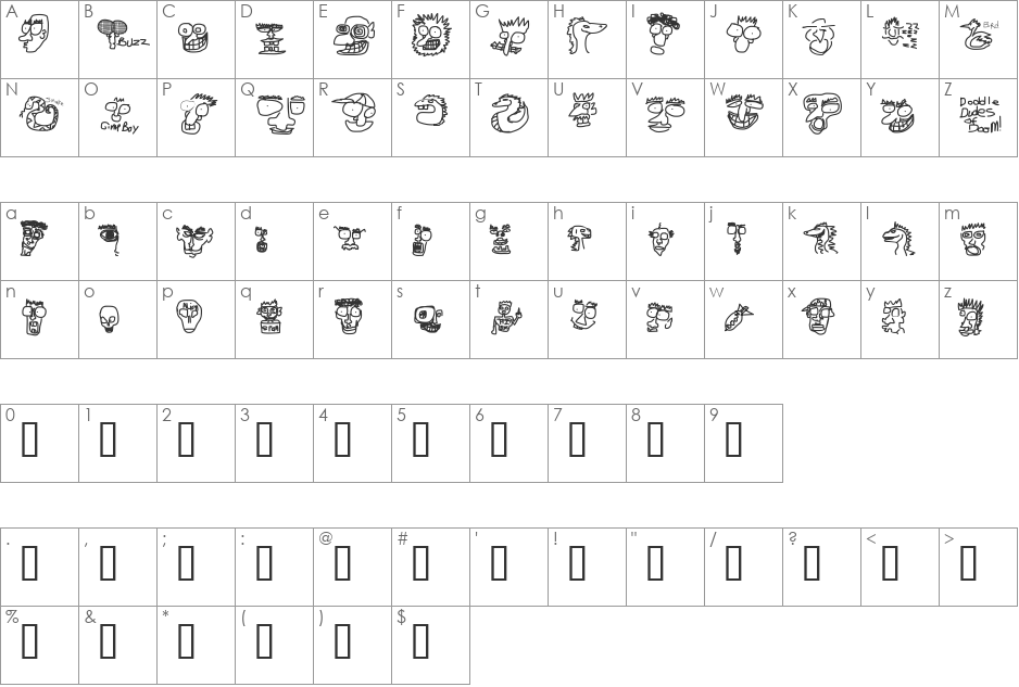Doodle Dudes of Doom font character map preview