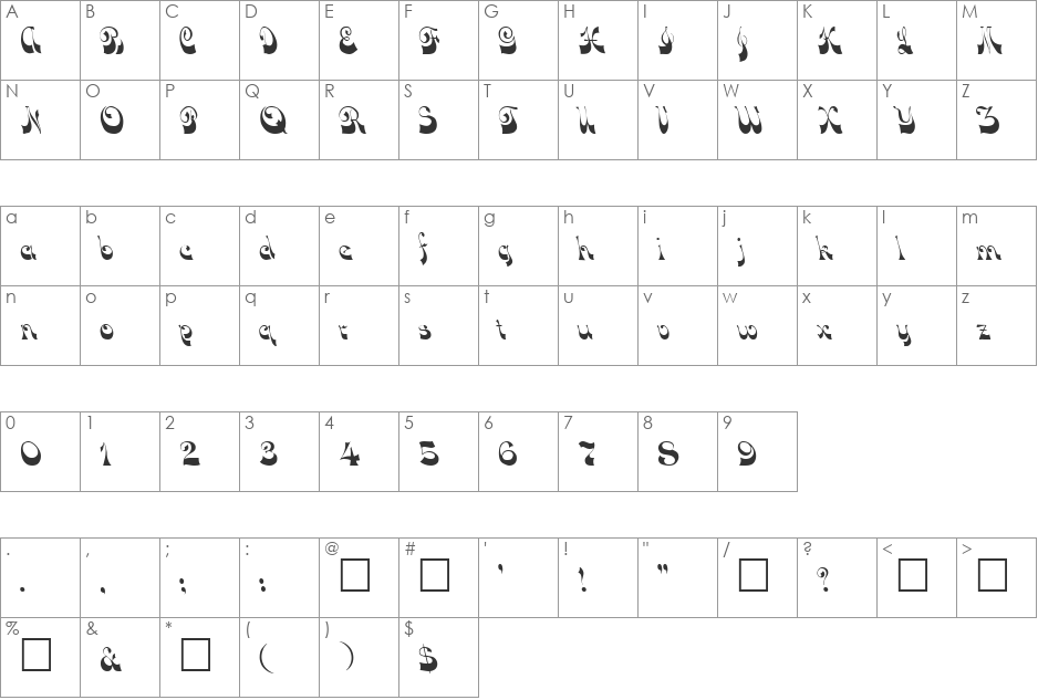 DownWind font character map preview