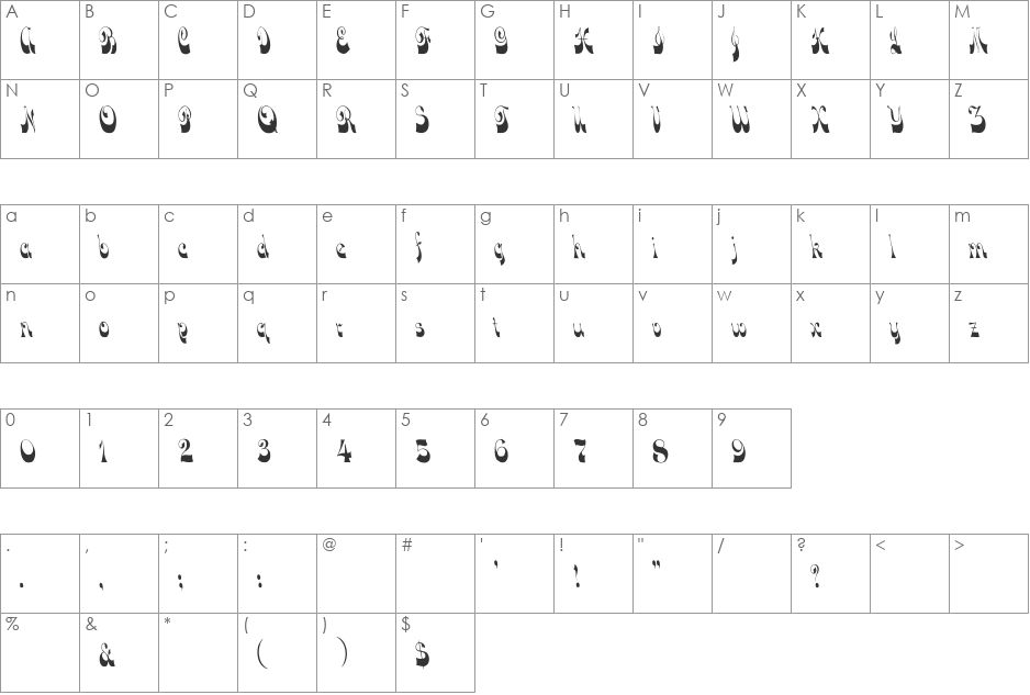 DownWind Cn font character map preview