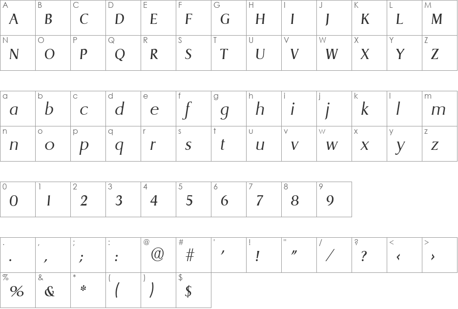 Dragon-LightIta font character map preview