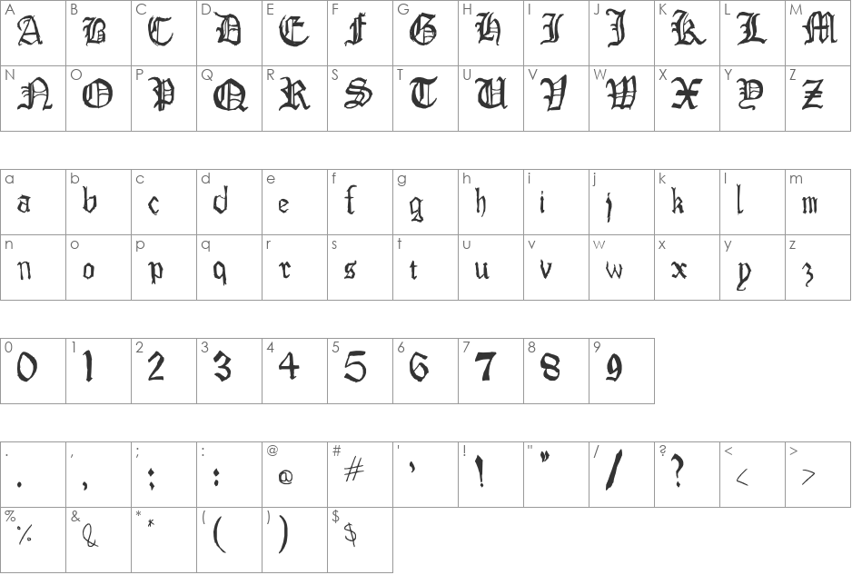 Drawn Old English font character map preview