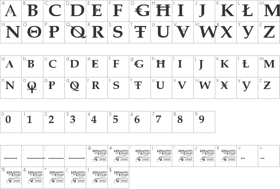 Dreaming of Lilian font character map preview