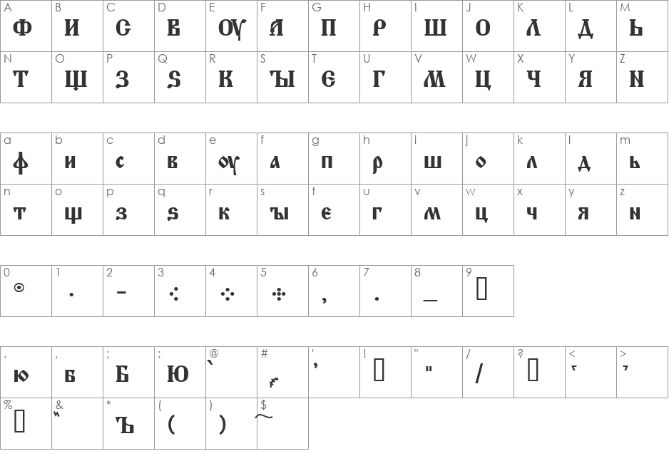 Altrussisch font character map preview