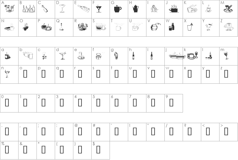 Drinks  Various font character map preview