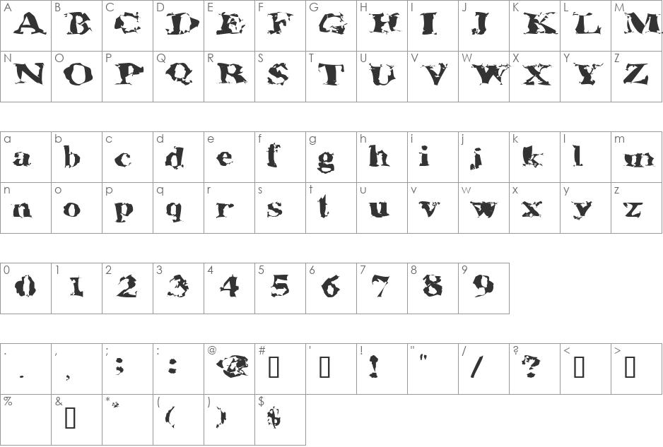 AluminumShredExtended font character map preview