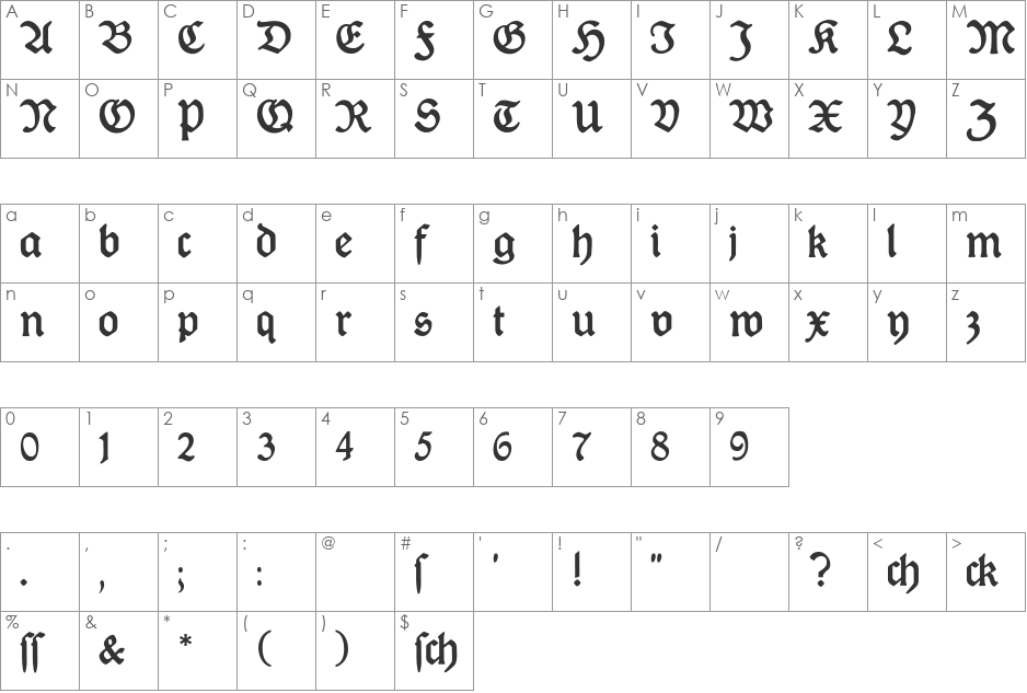 Druckschrift-Initialen font character map preview