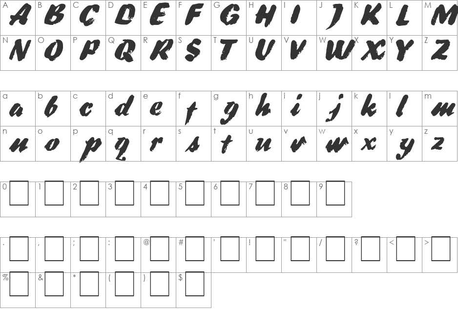 DS BroadBrush font character map preview